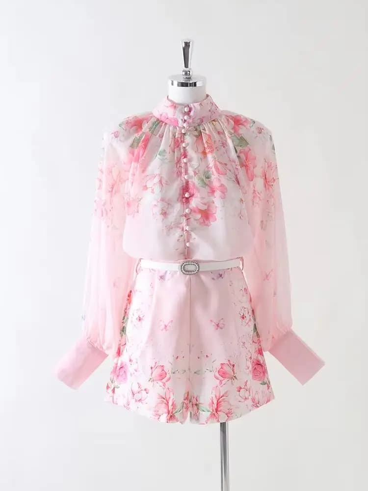 Pink Floral Print Lantern Sleeve Blouse & High Waist Shorts Set Women Elegant Two Piece Outfit Summer Vacation Party Co-ord