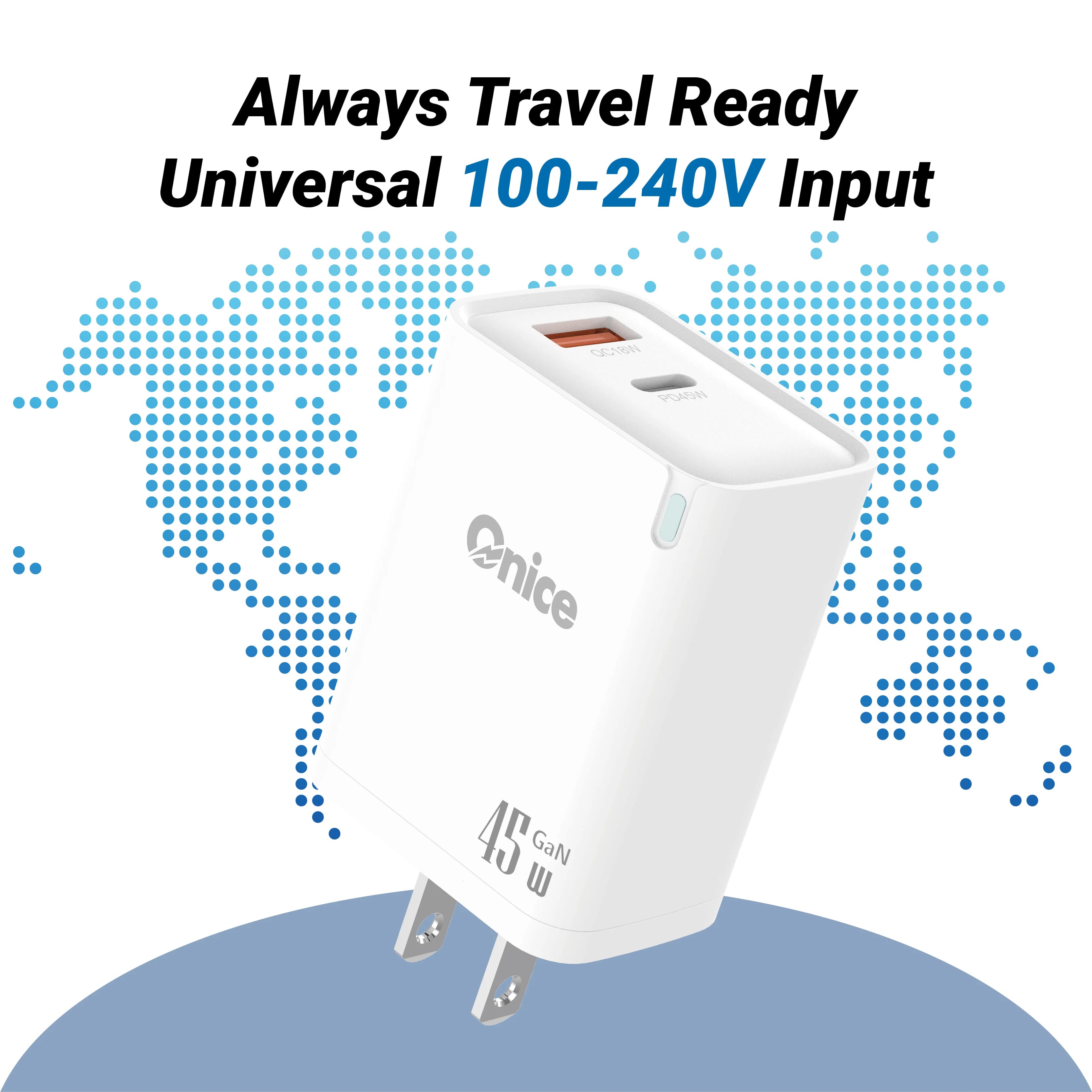 Caricabatterie ONICE 45W 2026 con Spina EU/US e Cavo USB Retrattile - Adattatore di Ricarica Rapida a 2 Porte per Viaggi, Telefoni e Laptop