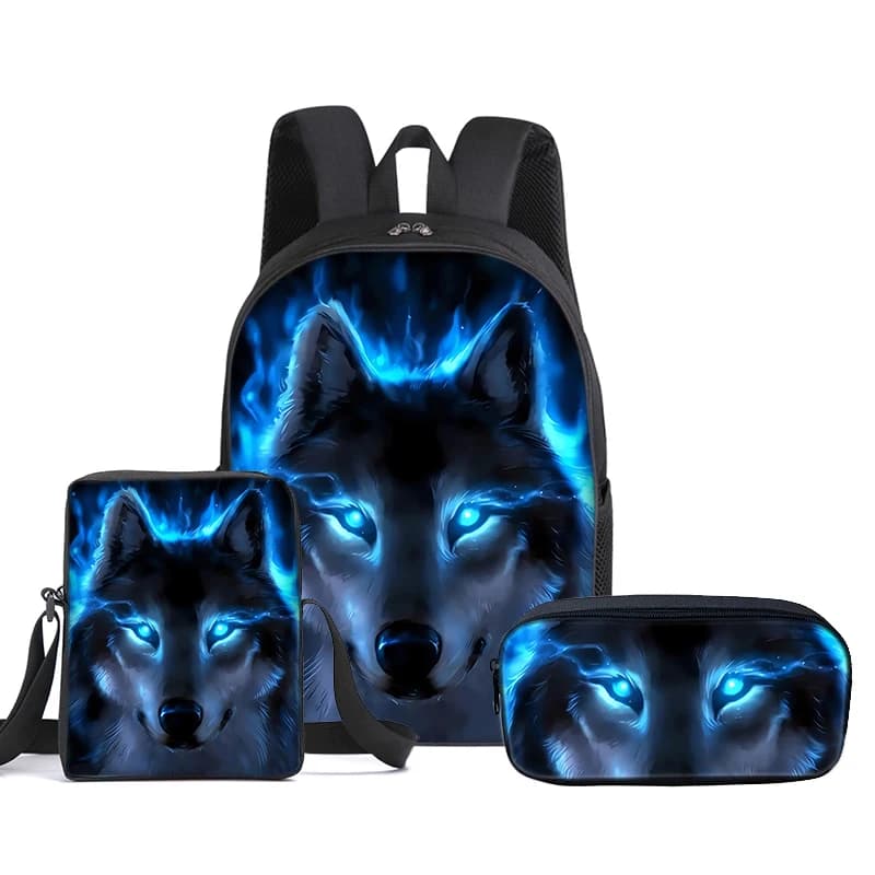Wolf 3Pcs Set Child Backpack with Messenger Bags ,Pencil Bags,School Bags for Boy/Girls Best Gift 3D Cartoon Student School Bags