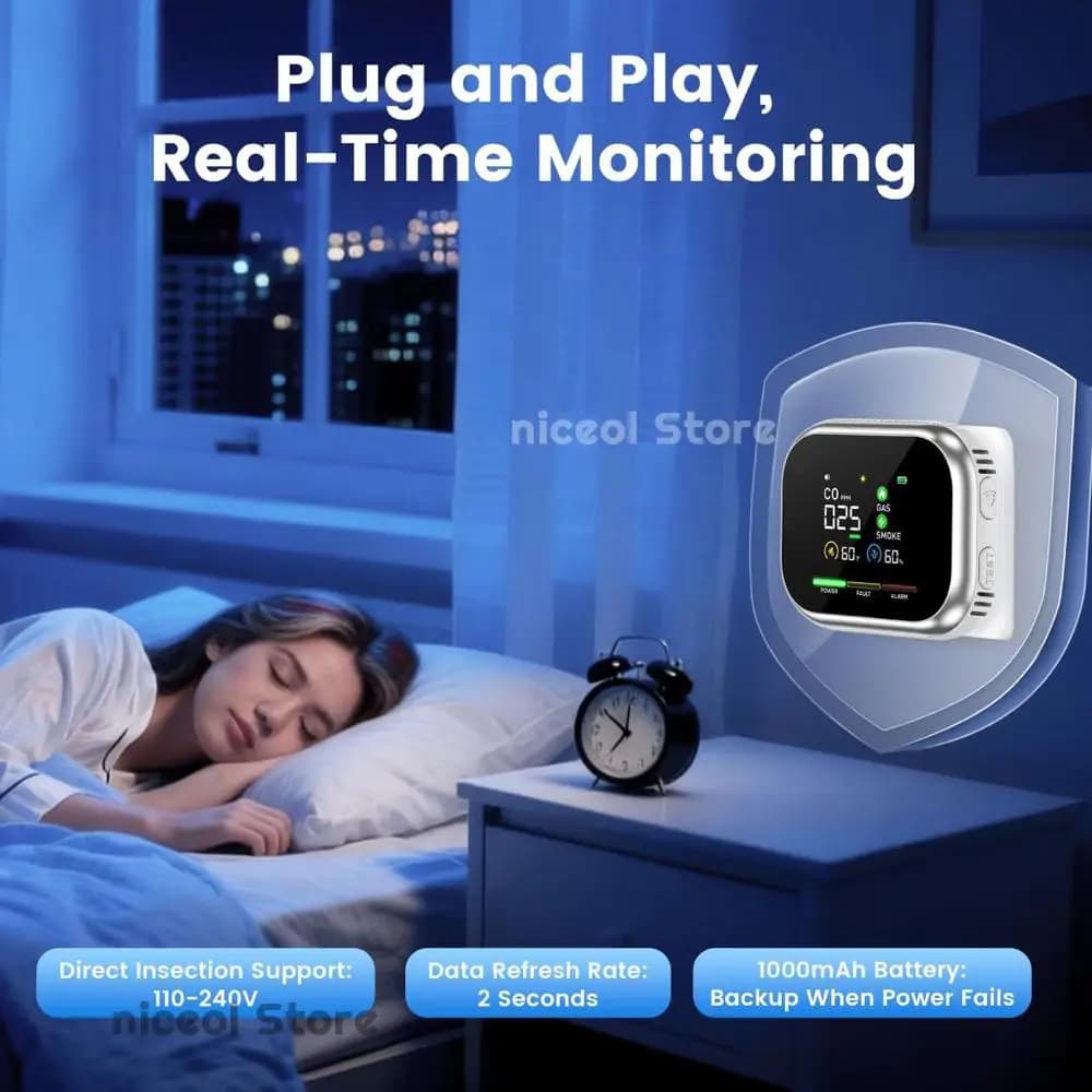 Rilevatore di monossido di carbonio 5 in 1 ricaricabile, piccolo rilevatore di gas domestico, monitor di temperatura e umidità per case e camper