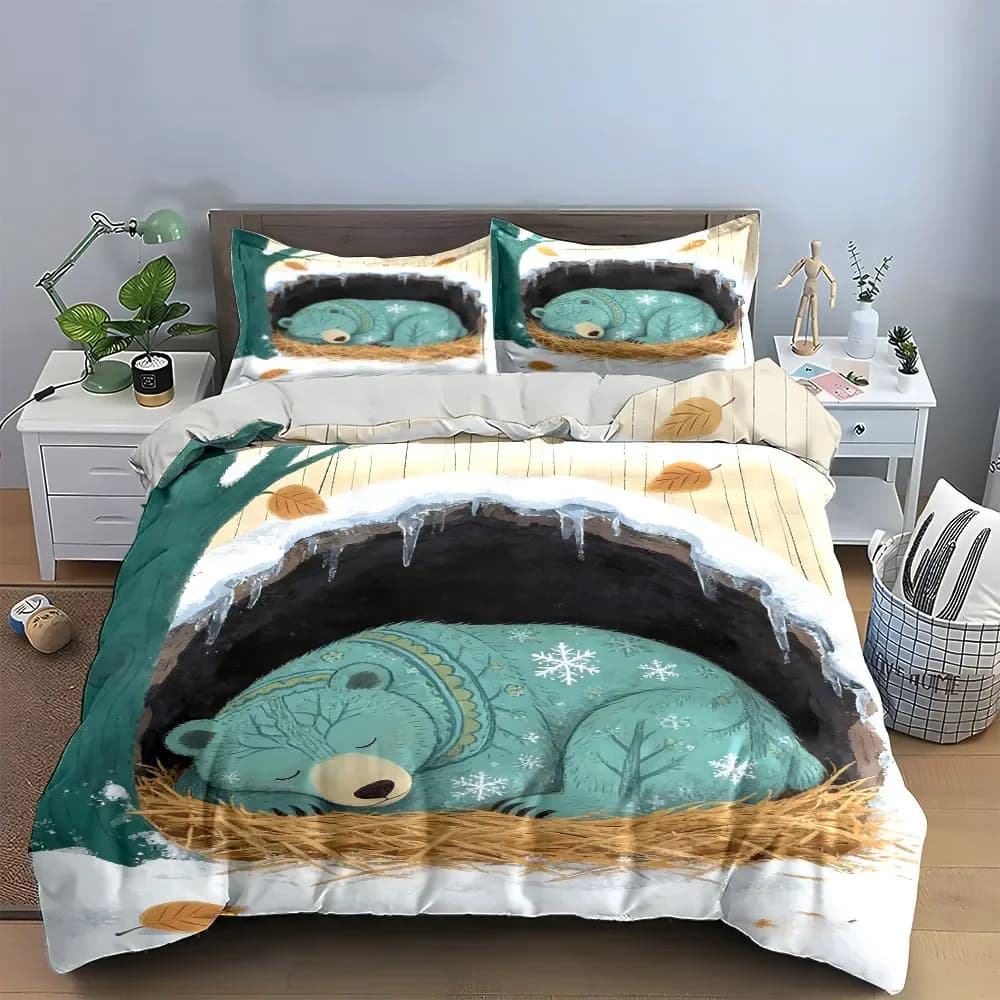 Set decorativo con orsetto invernale – Set di biancheria da letto accogliente e carino, morbido e confortevole, include 1 copripiumino e 2 federe, idea regalo