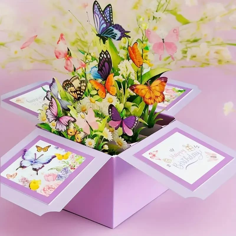 Biglietto d'auguri 3D Pop-Up - Design Floreale e Farfalle per Ogni Destinatario, con Funzione di Messaggio Scritto a Mano, Costruzione in Carta