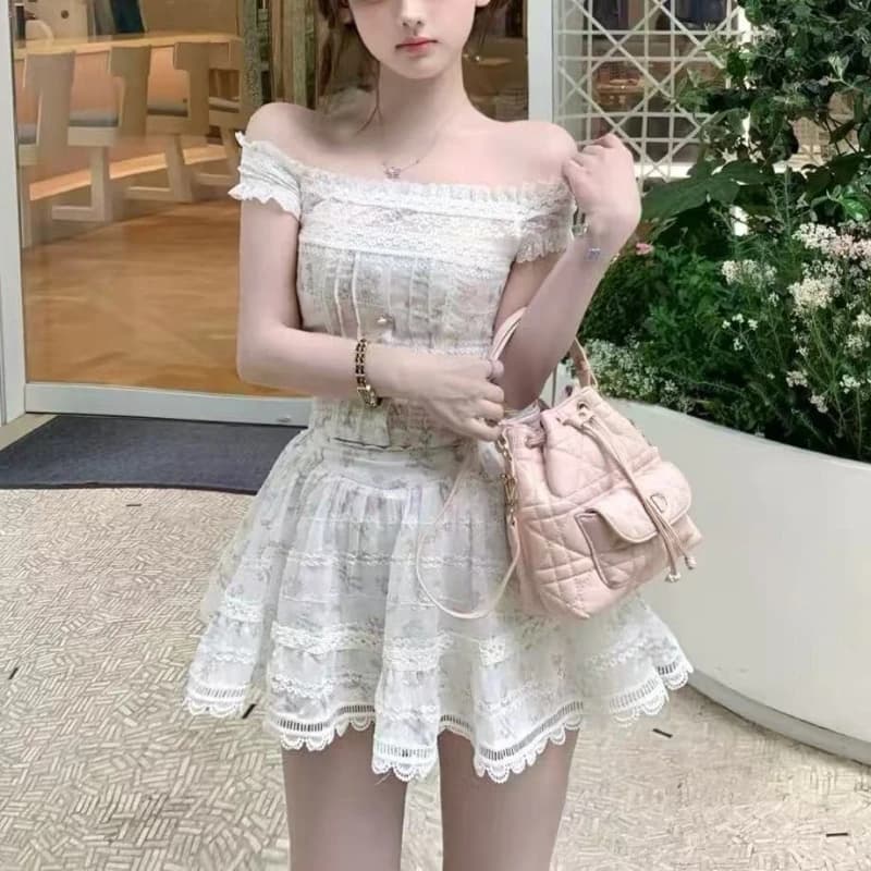 French Lolita 2 Piece Set Women Off Shoulder Lace Floral Tops + Ruffle Pleated Mini Skirt Female Sweet Chic Daily Summer Outfits