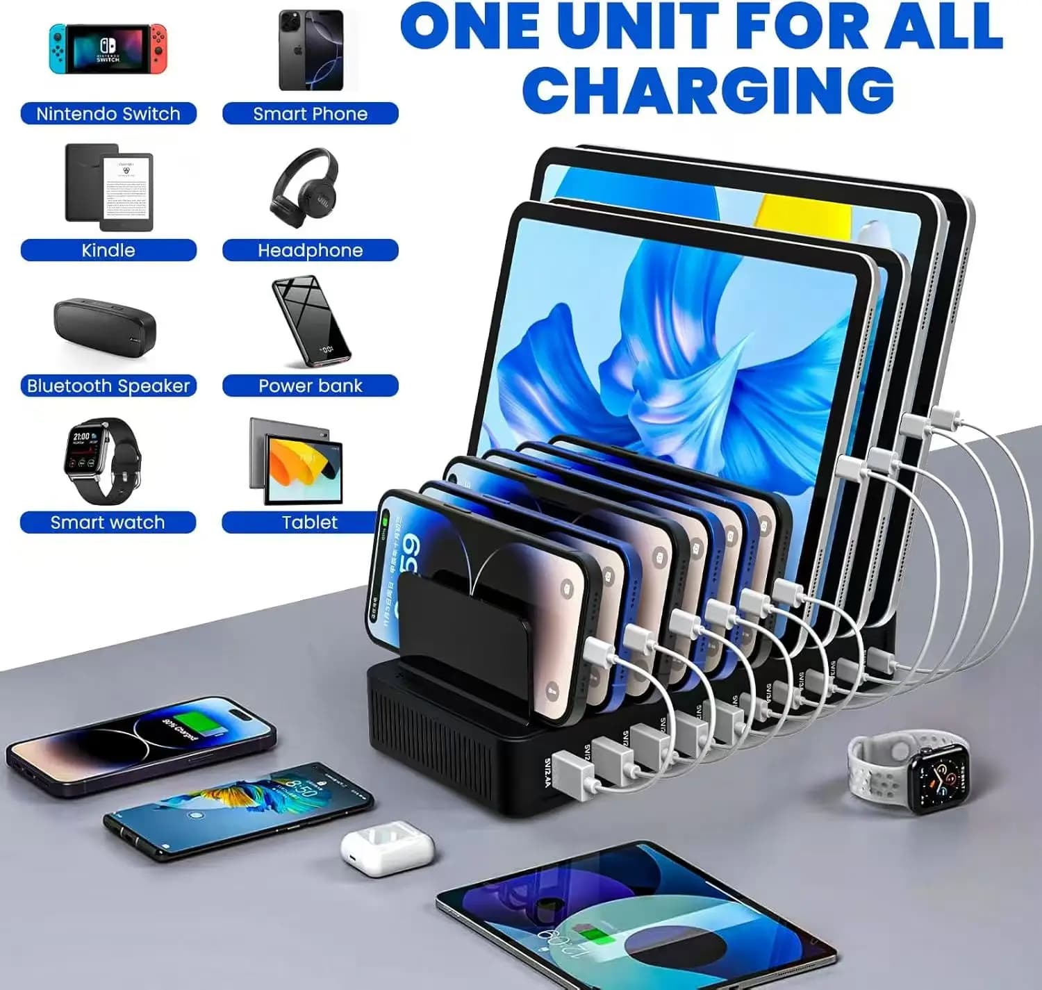 100 W Power Hub Charger Support: 5 USB ports + 5 type C, charging 10 devices together, works with phones and tablets for home office
