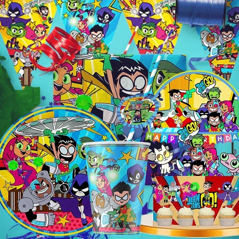 Teen Titans GO Tema Decorazioni per feste di compleanno Topper per torte TASSE di compleanno PIASTRA Girelle di paglia Adesivi Forniture per feste per bambini Decor