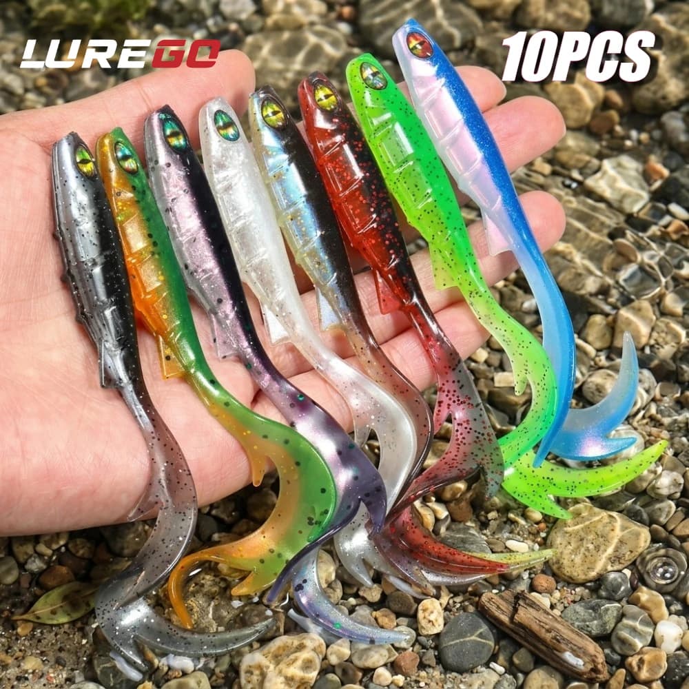 10 Pezzi Esche Artificiali Morbide da 9,5 cm con Occhi Mobili 3D, Coda Ricciolata Ultra Lunga, Jerkbait a Lento Affondamento per Spigola, Mandarino e Cernia