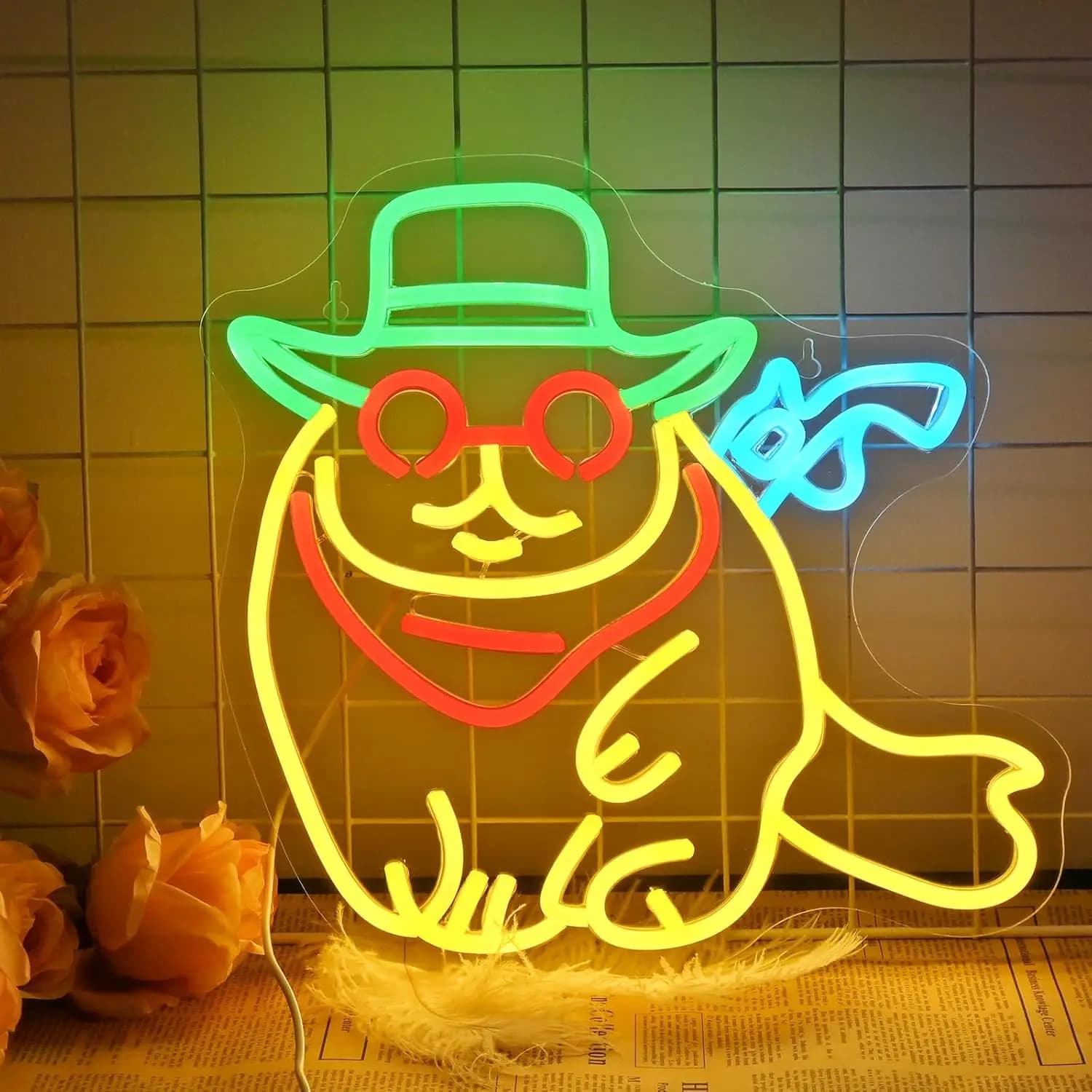 Insegna al Neon LED Gatto Cowboy con Pistola, Luce al Neon per Decorazione Murale, Luminosità Regolabile per Camera da Letto Bambini, Sala Giochi, Festa di Compleanno