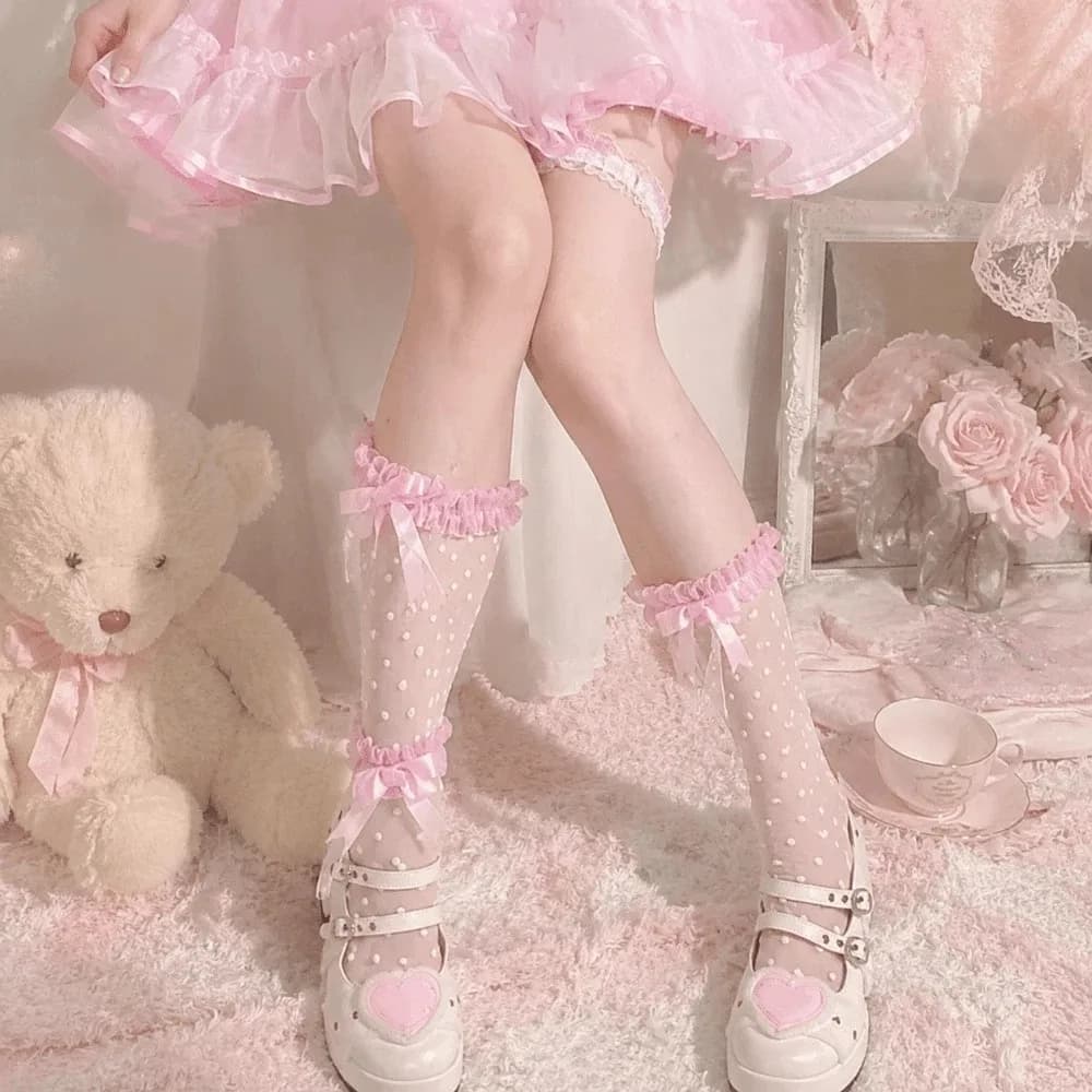 Breathable Bowknot Lolita Calf Socks Dot Print Kawaii Crystal Stockings Transparent JK Women Long Socks Lolita Fashion
