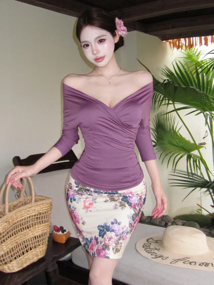 Set gonna corta a vita alta con stampa dimagrante e scollo a V sexy, abbigliamento casual alla moda da donna, t-shirt a maniche lunghe comoda e traspirante