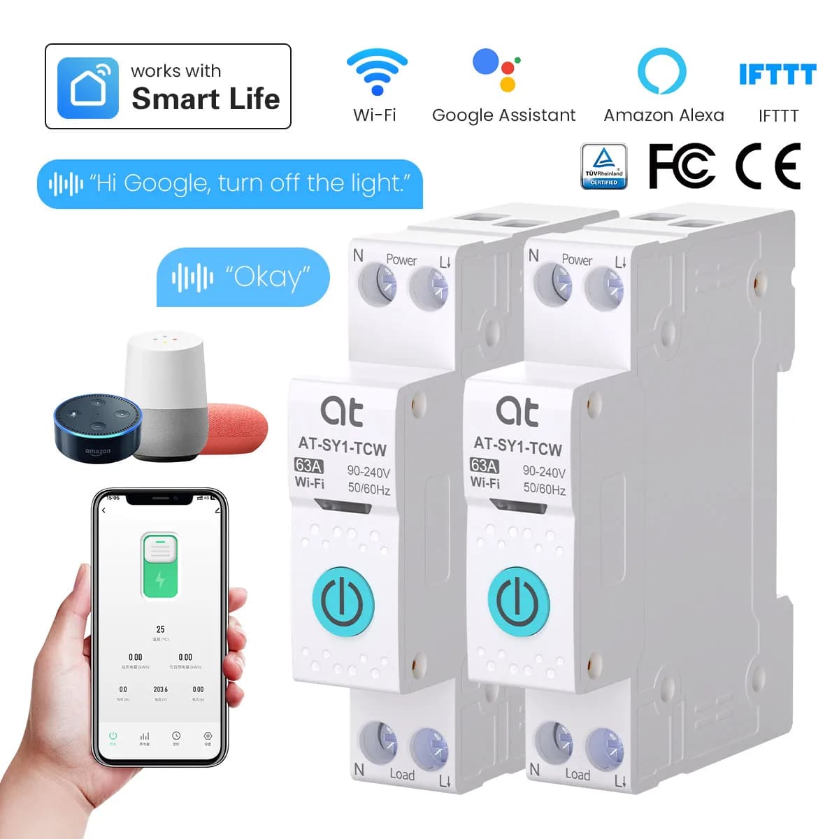 Tuya WiFi Smart Circuit Breaker 1P+N MCB 63A Timer Power Energy kWh Voltage Current Meter Protector Voice Remote Control Switch