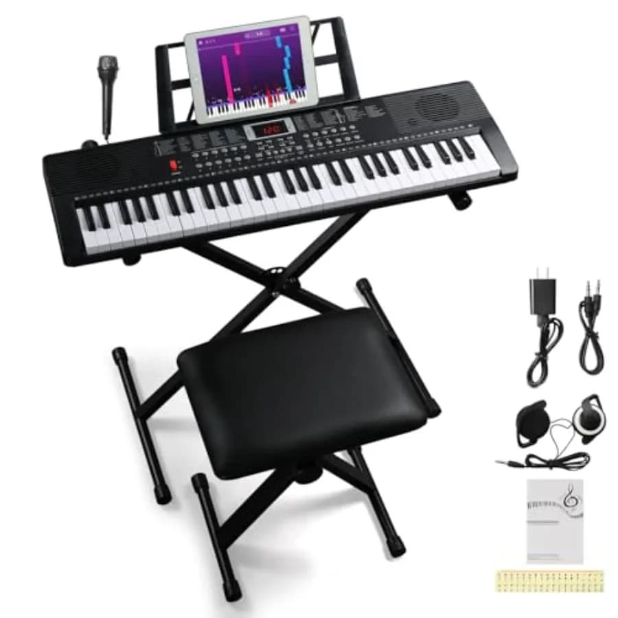 Tastiera Elettronica Portatile a 61 Tasti con Supporto a X Stabile, Sgabello Regolabile, Supporto per Partiture Rimovibile, Cuffie e Microfono