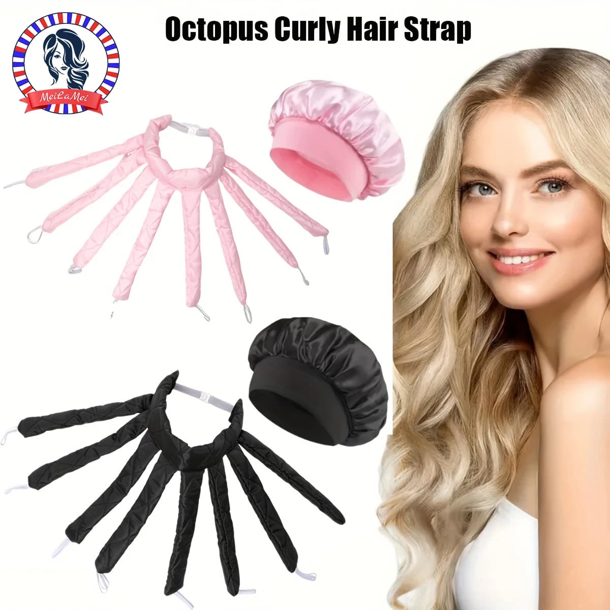 2-PCS Set - Octopus Curler Headband, Nightcap, Suitable for Long Hair, Satin Non Thermal Curling Iron, with Adjustable Strap