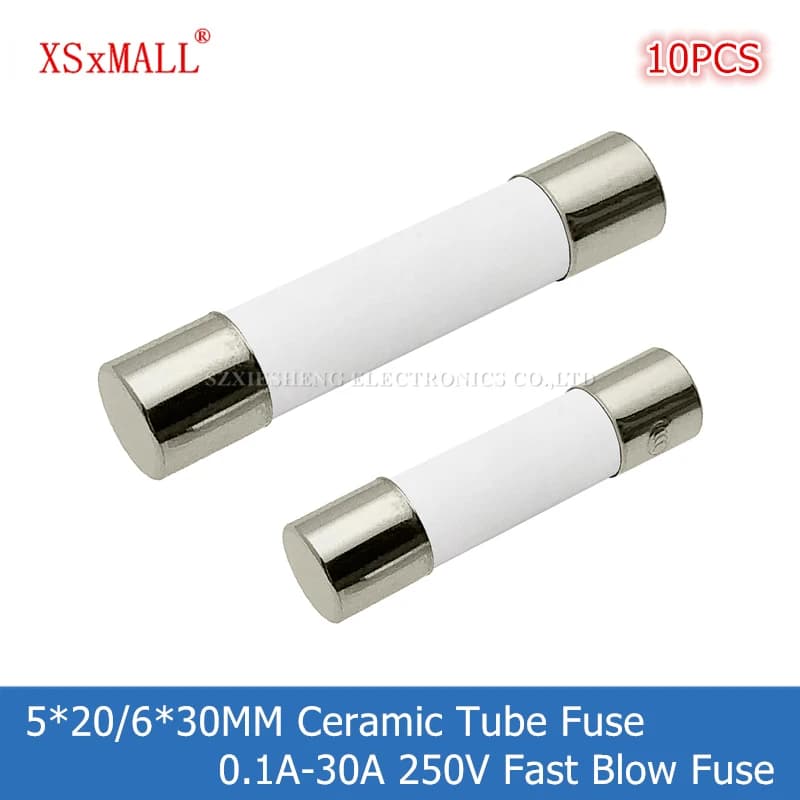 10PCS 5*20/6*30MM Fusibile per tubo ceramico ad azione rapida 0.1A 0.2A 0.5A 1A 1.5A 2A 2.5A 3.15A 4A 5A 6.3A 7A 8A 10A 12A 15A 20A 25A 30A 250V