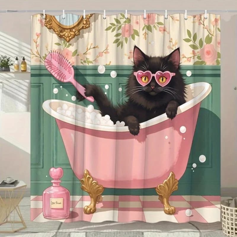 Tenda da doccia - Gatto in vasca da bagno, con occhiali da sole appesi a parete, utilizzata per la decorazione del soggiorno e della camera da letto