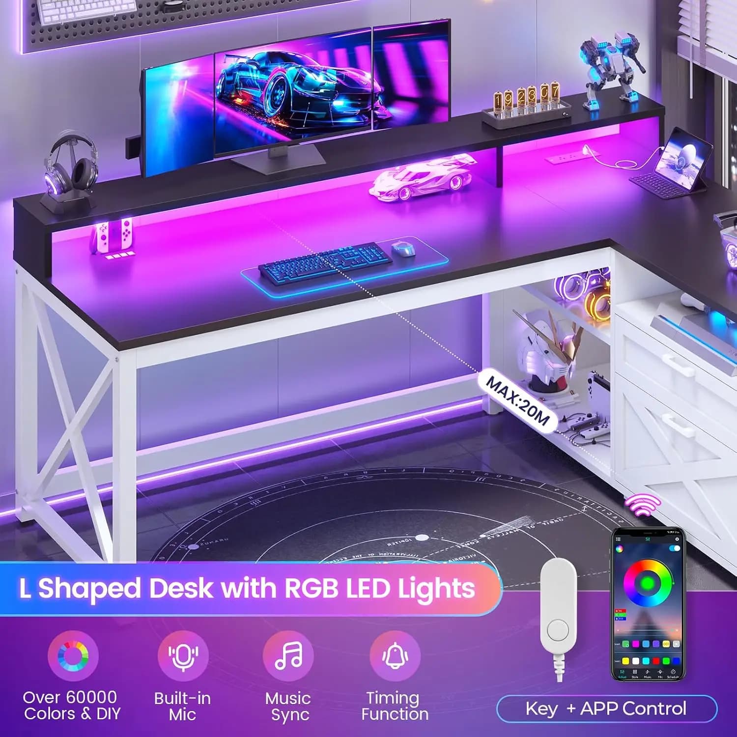 L Shaped Corner Desk with Drawers, Power Outlet, Shelves & LED Lights, 55" Gaming Desk for Home Office, Customized