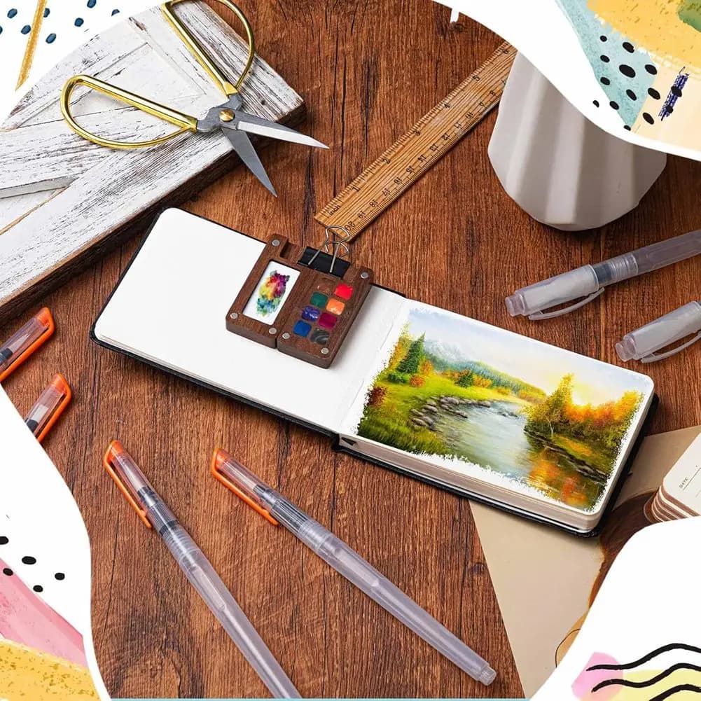Y42A-Mini Portable Watercolor Paint Set Travel Paint Palette Wooden Grid Paint Box, Pocket Watercolor Sketchbook Paper Pad