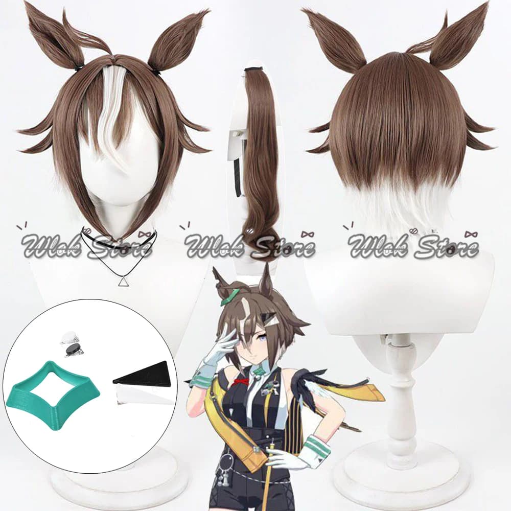 Parrucca Cosplay Anime Umamusume Pretty Derby Rulership con Orecchie e Coda Marroni, Fermagli per Capelli, per Donne, Halloween, Carnevale, Resistente al Calore