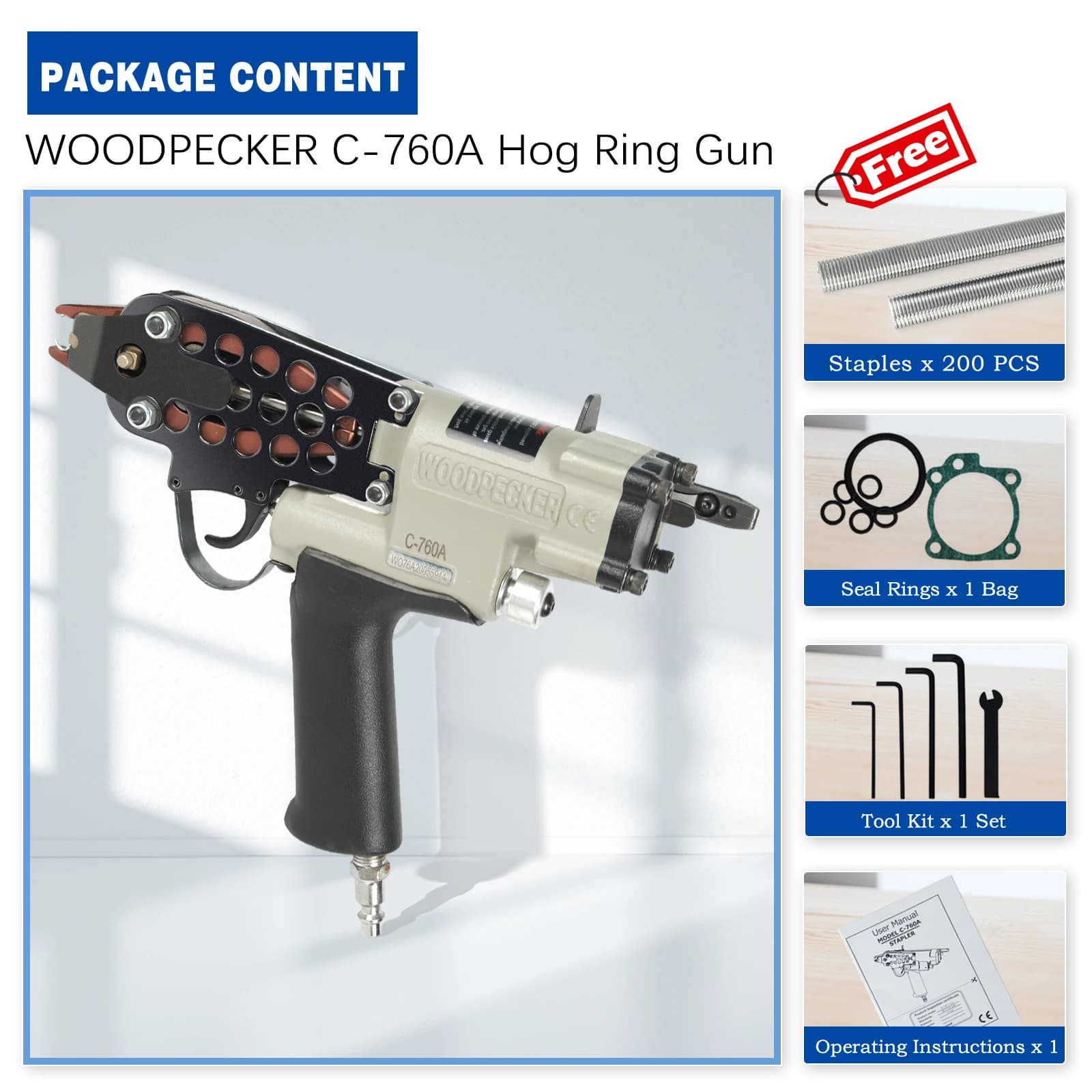 Pistola Pneumatica per Anelli a C Woodpecker C-760A, Calibro 16 | Corona da 1/2 pollice, diametro di chiusura 3,0-4,0 mm | Incluso C-Ring ad azionamento pneumatico