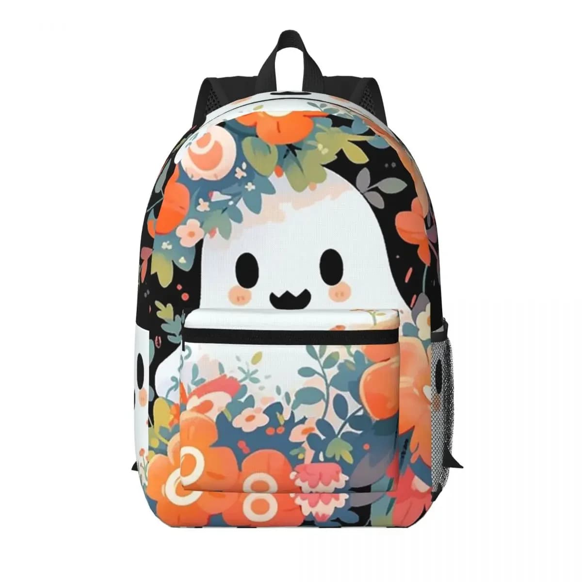 Cute Ghost Surrounded By Wild Flowers Student Backpack School Bag Hiking Travel Daypack for Men Women Bookbag Shoulder Bags