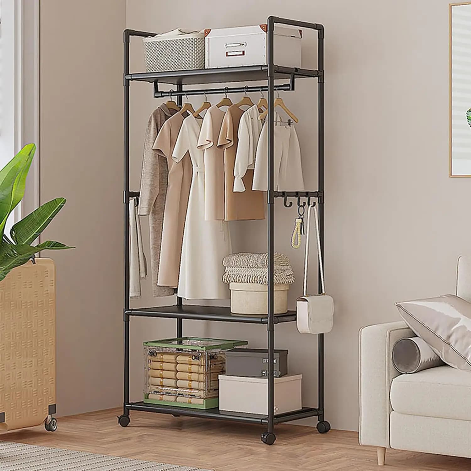 Modern Metal Hanger with Rotelle Organizer, Metal Hanger with shelves, Easy to Fit, Clothes rack