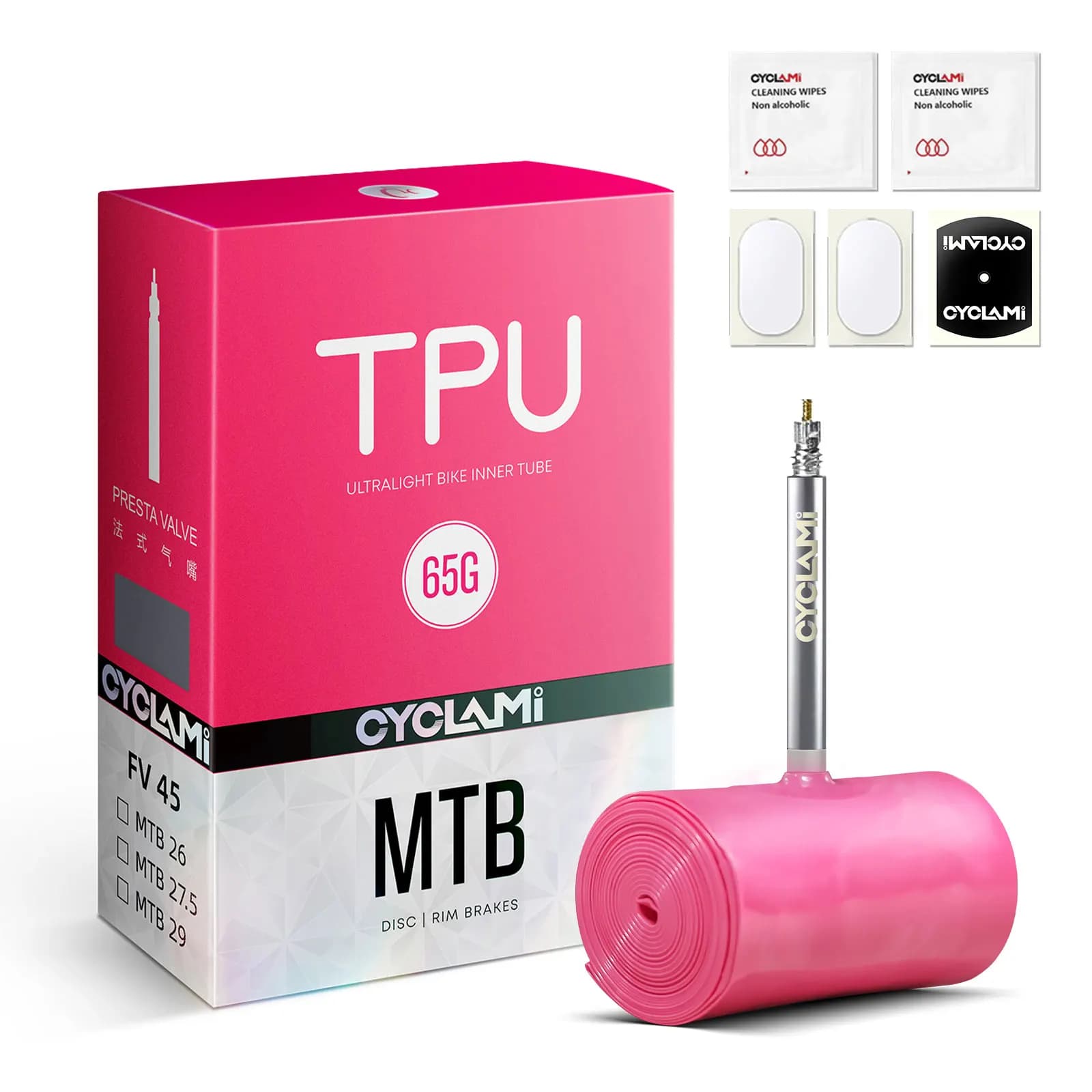 CYCLAMI Ultraleggero 65g Camera d'aria per bici 26 27.5 29 Strada MTB Bicicletta TPU Pneumatico 45mm Lunghezza Valvola francese Super leggero