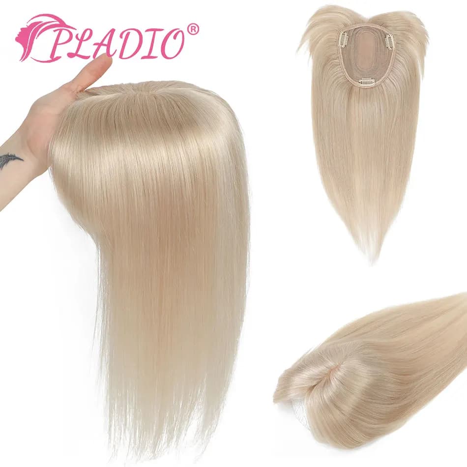 PLADIO 8" 10" 12" 14" Topper for human hair with fringe and clip, hair extension 100% human for woman
