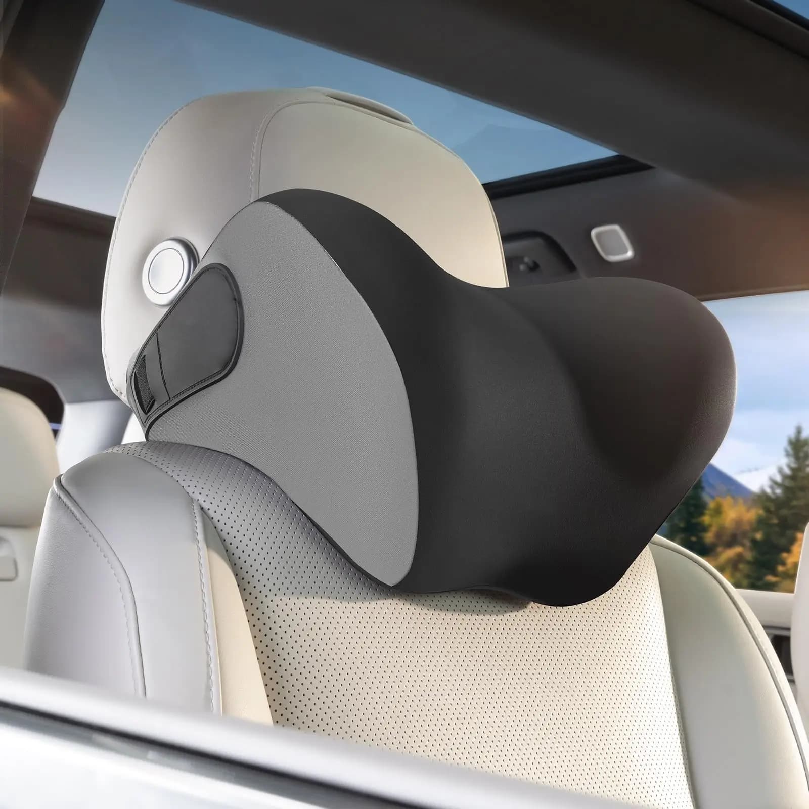 Cuscino Poggiatesta per Auto in Memory Foam, Supporto Ergonomico per il Collo, per Viaggi e Pendolarismo, Allevia il Dolore, con Fodera Rimovibile e Lavabile, Nero e Grigio