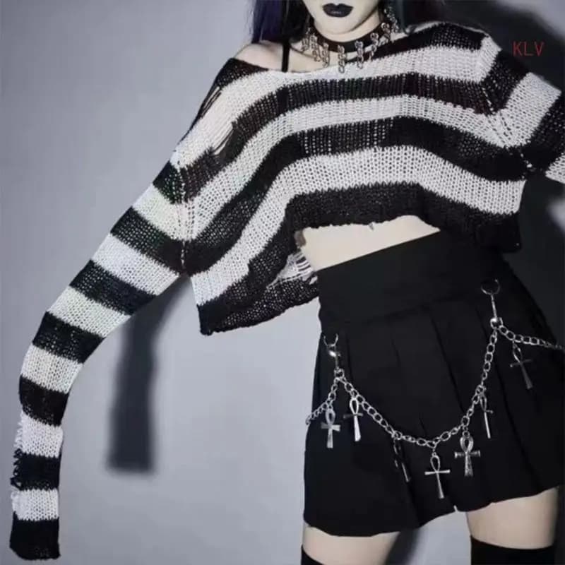 Maglione lavorato a maglia gotico alla moda con pullover lavorato a maglia con stampa a righe 6XDA