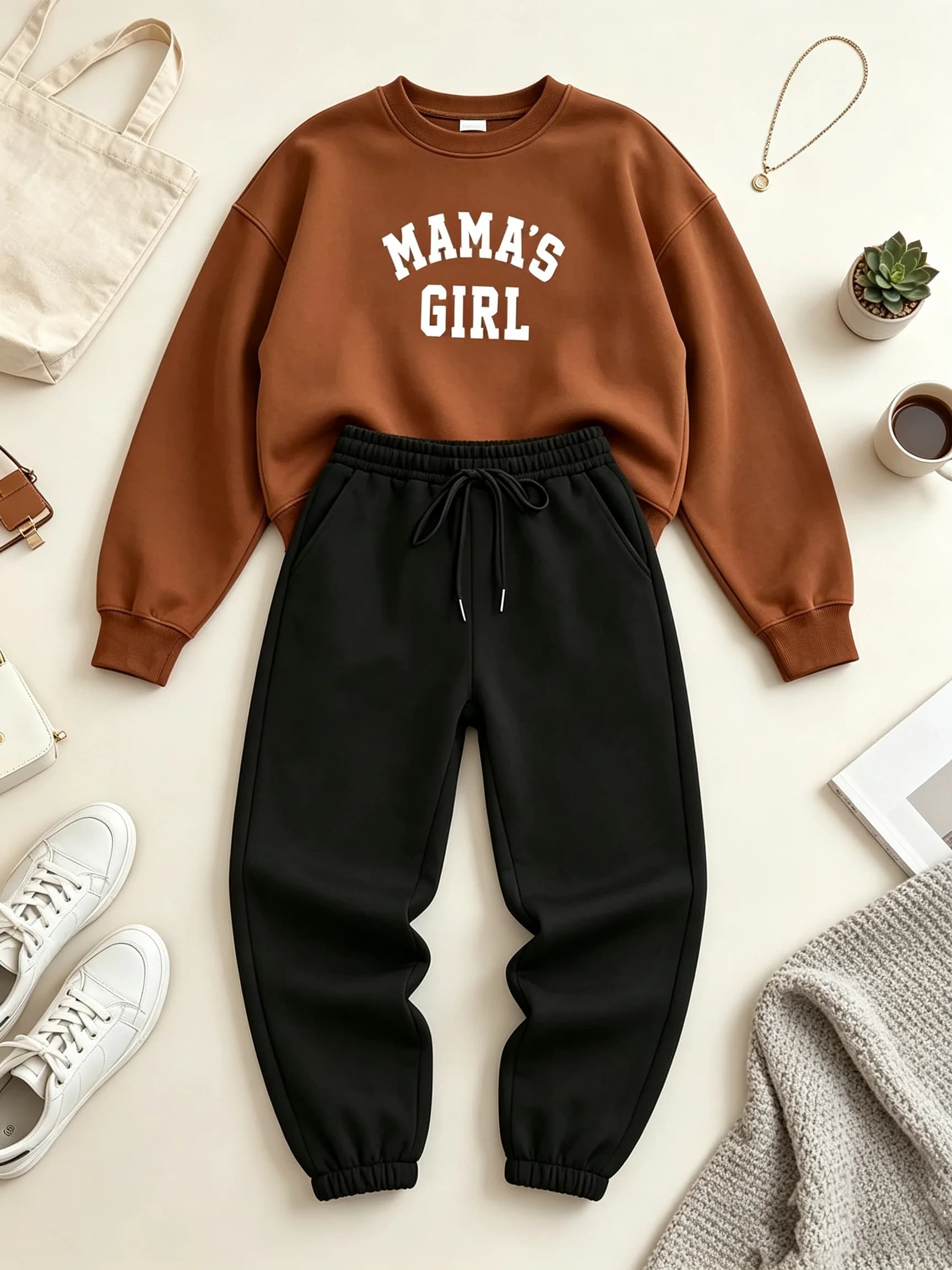 Women's Autumn Winter Set round Neck Long Sleeve Letter Print Hoodie Top with Drawstring Solid Color Pants Casual Outfit