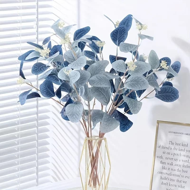 6 stems of artificial eucalyptus - Blue artificial green spray with Silver Dollar seeds for domestic decorations, kitchen, pot compositions