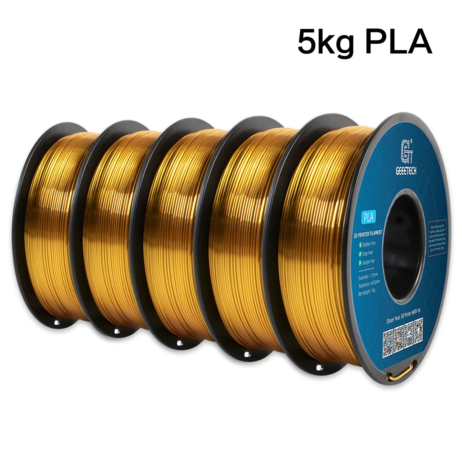 GEEETECH 5 3D Silk Filament Rolls PLA 1 kg/Wire Rolling Roll from 1.75 mm for 3D Printer Material, Safety, Vacuum Packaging