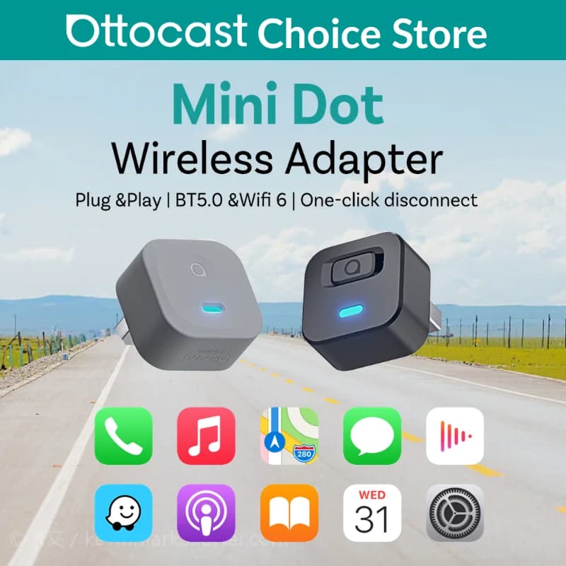 Wireless Ottocast Express Mini Dot Adapter for Carplay and Android Cars, from Wireless, WiFi 6, Plug & Play for Audi and Kia