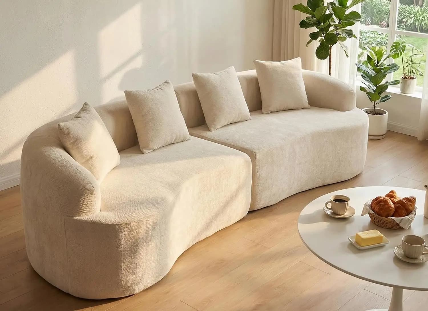 112" Curved Sectional Sofa, Modern Chenille 4-Seater Deep Seat with 4 Pillows, Cream Plush Modular, No Assembly, Customized