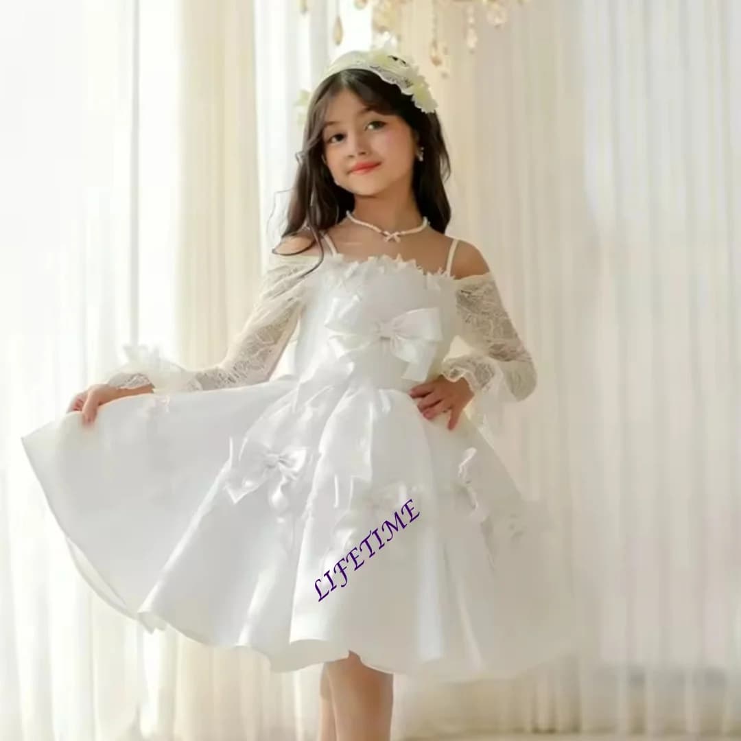 Abito da damigella d'onore rosa elegante personalizzato per matrimonio, con spalle scoperte, in pizzo, lunghezza al ginocchio, per bambini, per feste di compleanno e Prima Comunione