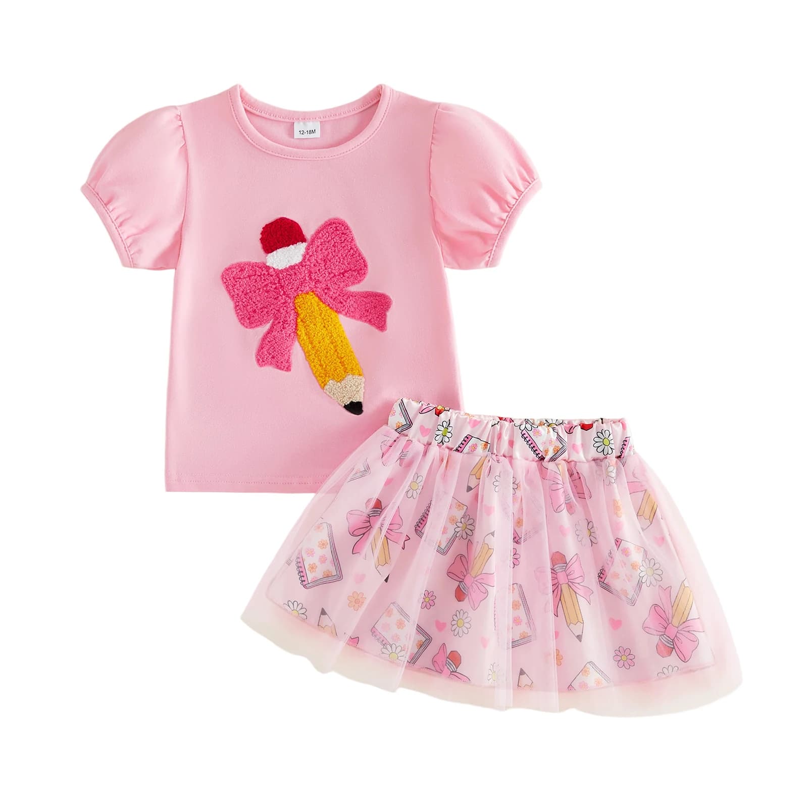 Toddler Baby Girl Summer Outfit Cute Back to School Short Sleeve Pencil Bow Embroidery Tops with Skirt 2Pcs Set
