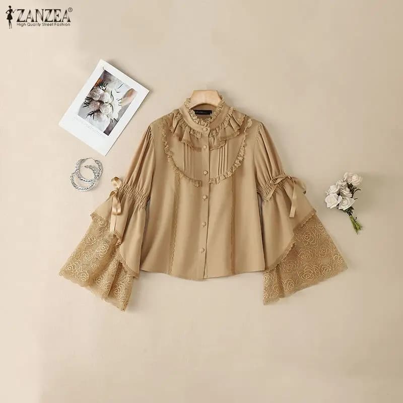Camicette da Donna 2026 ZANZEA Eleganti Camicie alla Moda con Maniche Lunghe a Campana e Inserti in Pizzo, Blusa Casual da Ufficio per Donna, Blusas Larghe Femminili