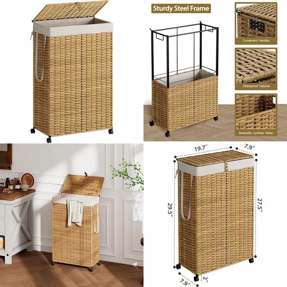 Slim 90L Wallet with Wheels and Covers, Removable Bag, Rattan Hand-woven, Easy Assembly, Natural