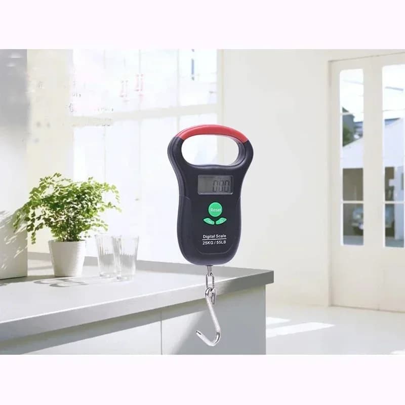 Bilancia digitale con display LCD da 25 kg/55 libbre Bilancia elettronica portatile per bagagli Bilancia tascabile a molla Gancio Peso da cucina con metro a nastro