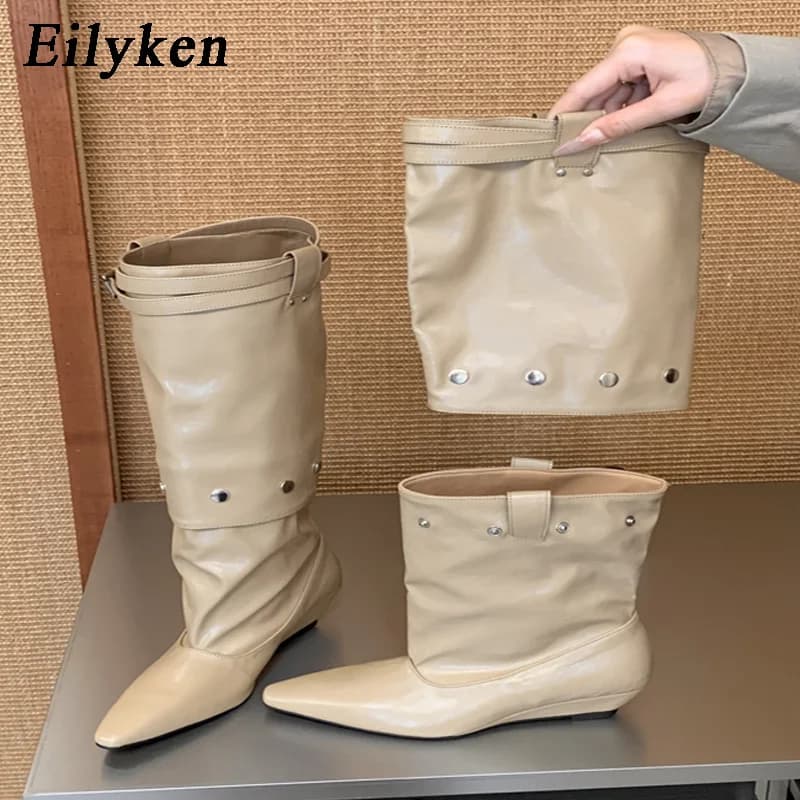 Eilyken New Fashion Pointed Toe Women Knee-High Boots Design Style Splicing Detach Buckle Strap Low Heels Shoes
