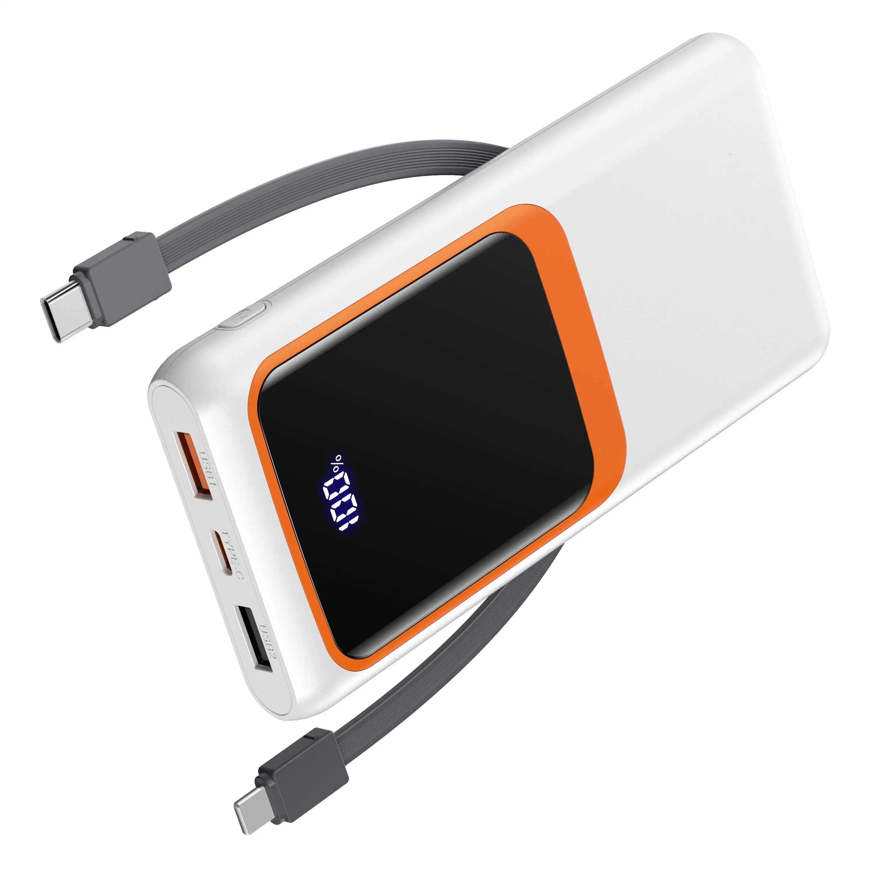 10000 mAh Power Bank portable charger with integrated cables, PD 22.5 W, slim design, with LCD display