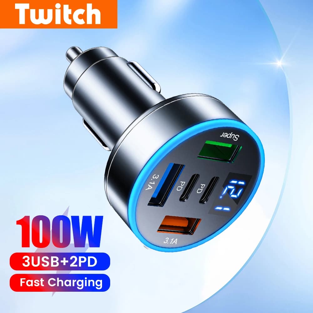 Caricabatterie da auto USB C da 100W a 5 porte, ricarica rapida, 3 USB, 2 PD, adattatore per telefono da auto di tipo C per iPhone, Huawei, Samsung, Xiaomi.