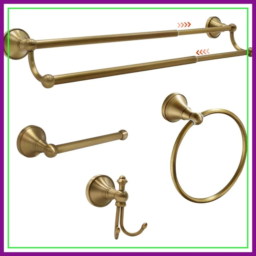 Set di 4 Accessori Bagno in Ottone Anticato - Portasciugamani Solido e Doppia Barra, Montaggio a Parete