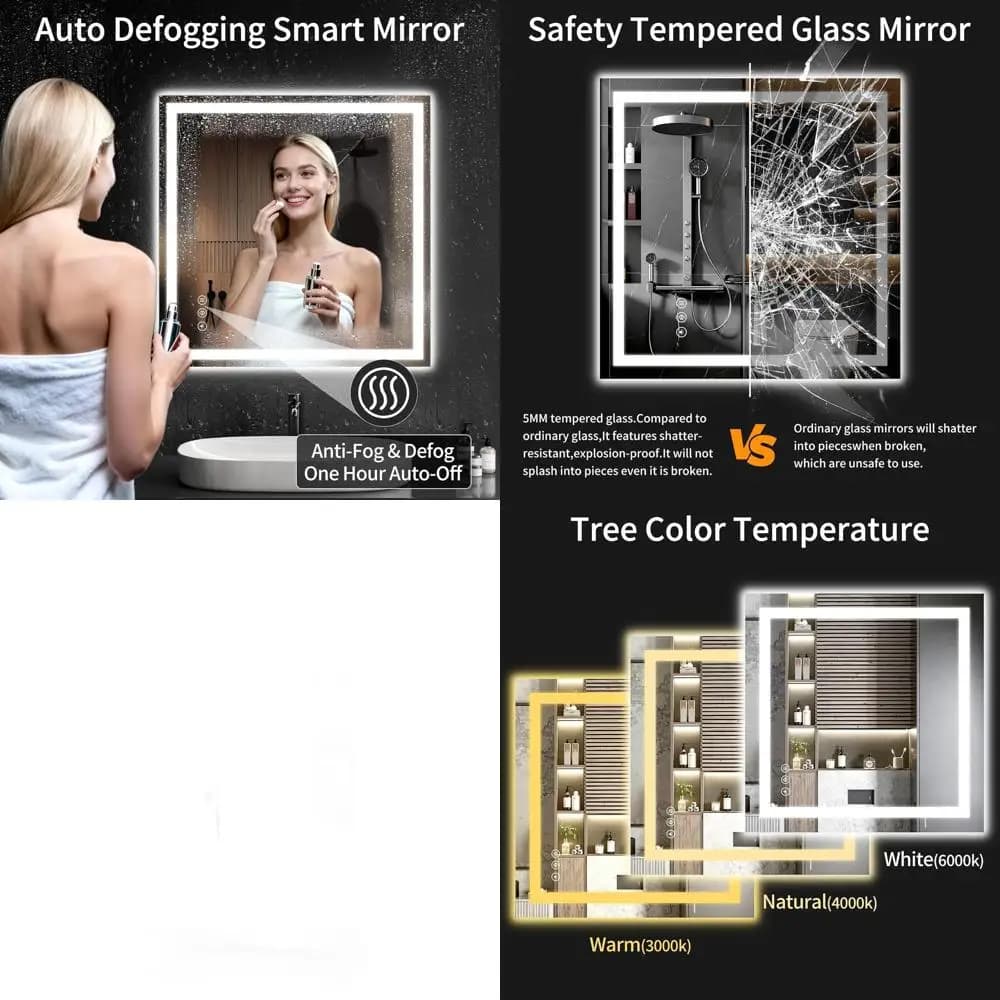 Specchio da Bagno Illuminato a 30 LED Dimmerabile, Antiappannamento, Vetro Temperato, da Appoggio o da Parete, Retroilluminato e Illuminato Frontalmente, Funzione Memoria