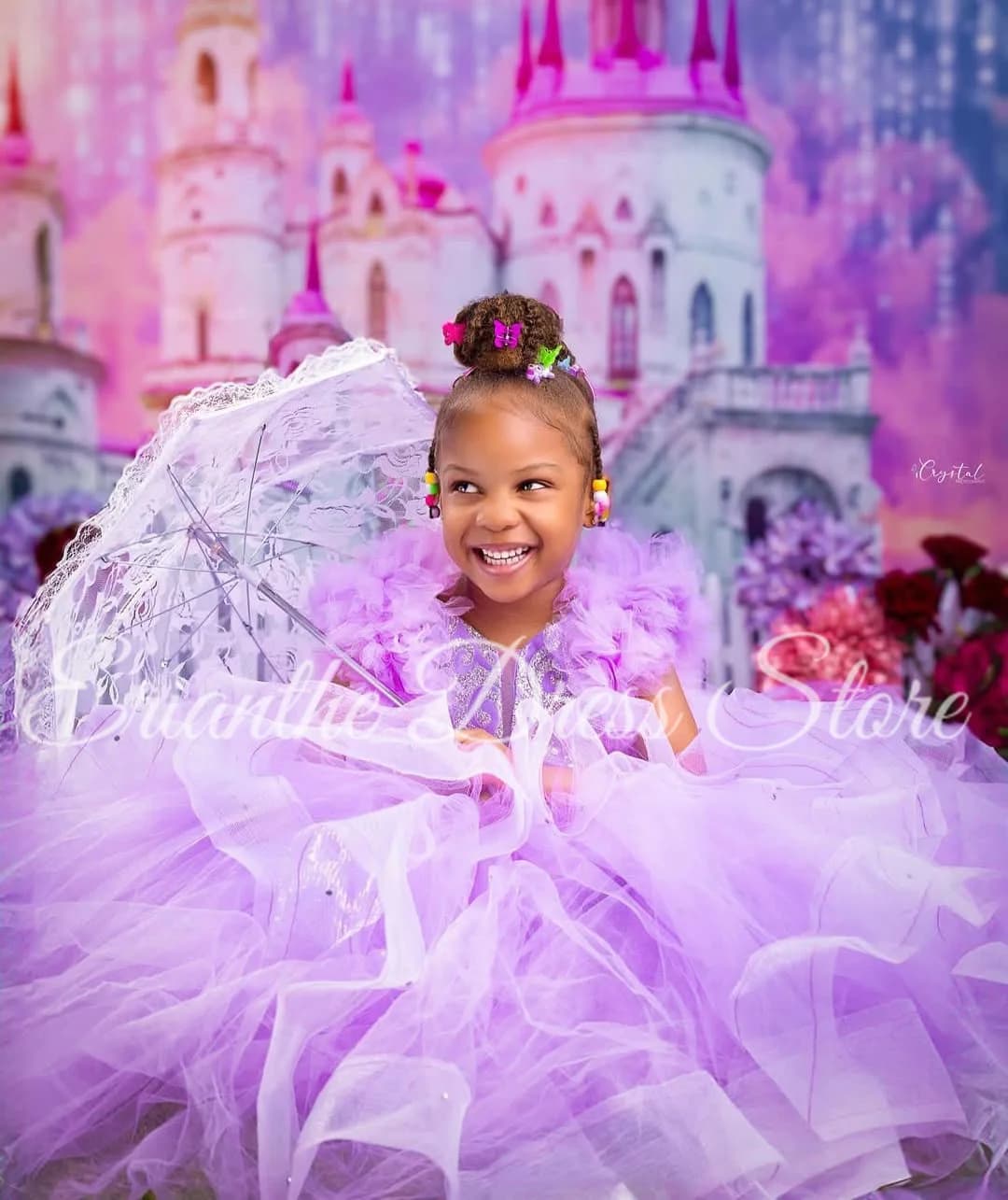 Abito da ragazza di fiore gonfio in tulle lilla personalizzato per abiti da ballo da prima comunione per feste di compleanno per bambini con applicazioni di nozze