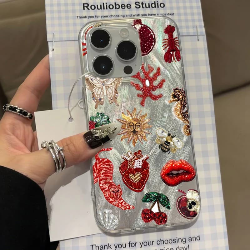 Granchio Pesce Floreale A Forma di Cuore Stelle Modelli Cassa Del Telefono Per iPhone 16 Pro Max 17 15 14 Pro 13 12 Pro Max 16E 7 8 Plus X XS Funda