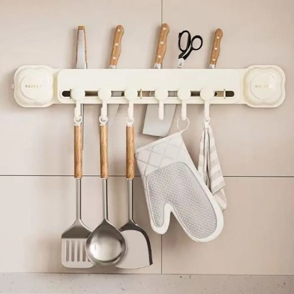 Porta Utensili da Cucina a Parete Senza Foratura, Salvaspazio con Ventosa, Impermeabile, con 6 Ganci, Porta Coltelli e Posate