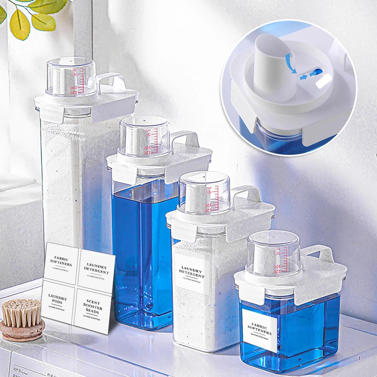 Bottiglia dispenser di detersivo e ammorbidente per bucato con etichette Contenitore per polveri per bucato Organizzazione della lavanderia con coperchio a riflusso
