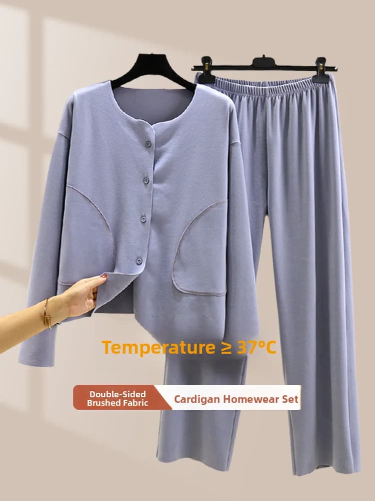 Thick Winter Sleepwear Set Women's Long Sleeve round Neck Buttoned Cardigan Pajamas plus Size Fleece Lined Warm Ensemble