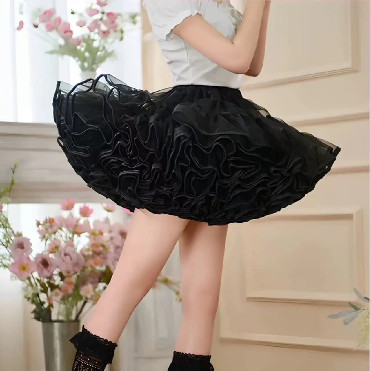 Flight Heaven Lolita Petticoat Black Ultra Violent Boneless Mesh Crinoline Short Fluffy Skirt for Sweet Classic Style 35cm 45cm