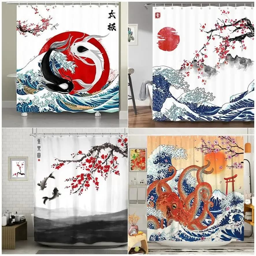 Shower Curtain Funny Shower Curtains for Bathroom Japanese Style Shower Curtain Koi Fish Cherry Blossom Sun Sea Wave Octopus